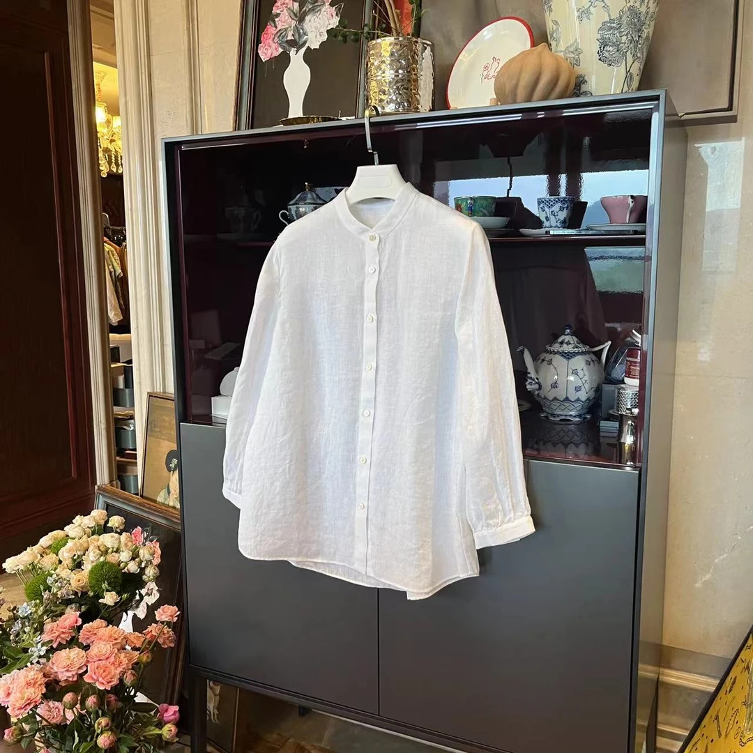 MYL 2025夏季新品软亚麻白色衬衫小立领长袖休闲宽松纯色上衣