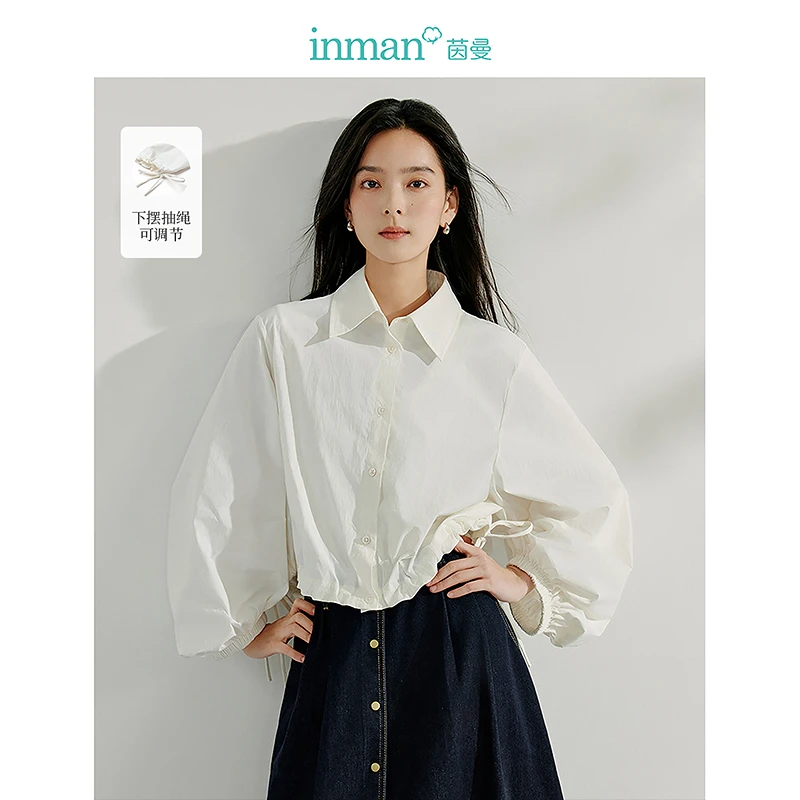 【茵曼女装】茵曼设计感抽绳防晒衬衫翻领灯笼袖短上衣W18518349