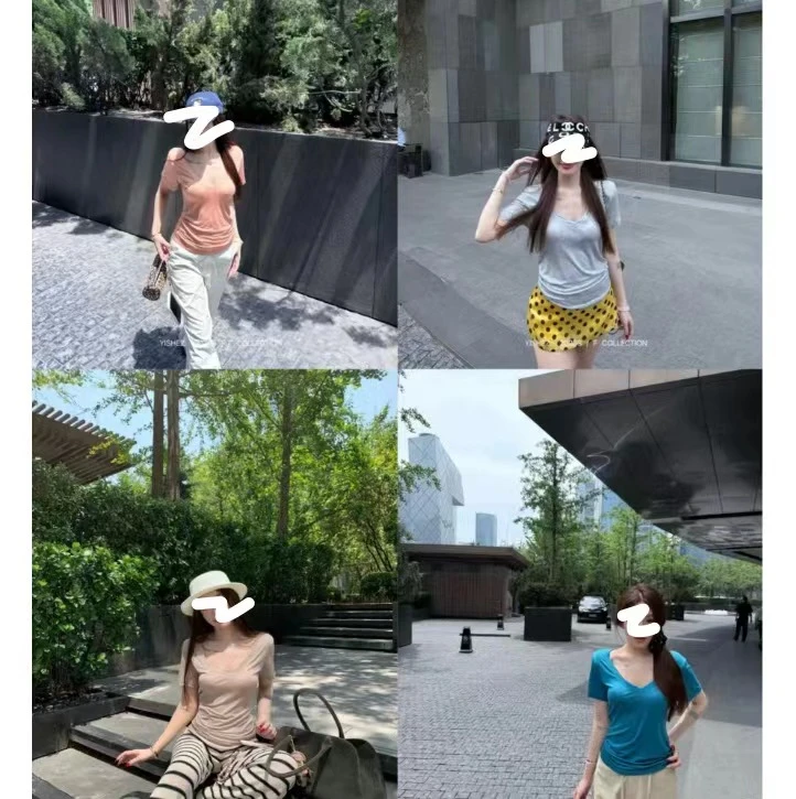 由子衣舍/Youzi Atelier【水光Tee】薄款大v领纯色T恤打底衫夏外穿