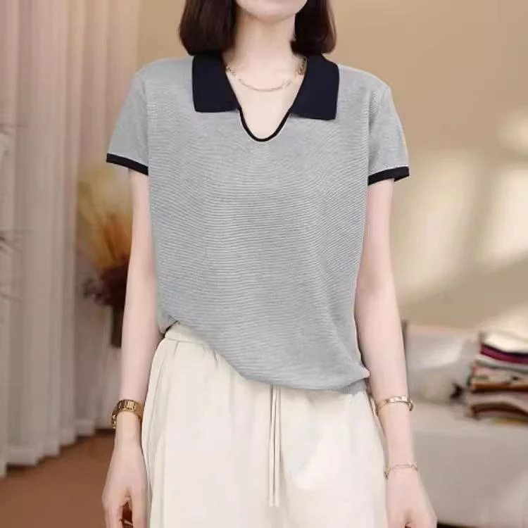 莱赛尔气质针织衫女短袖夏季薄款2025新款宽松显瘦拼色T恤女上衣