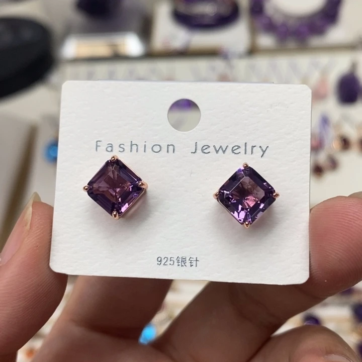 紫晶耳钉银S925镶嵌紫水晶耳钉