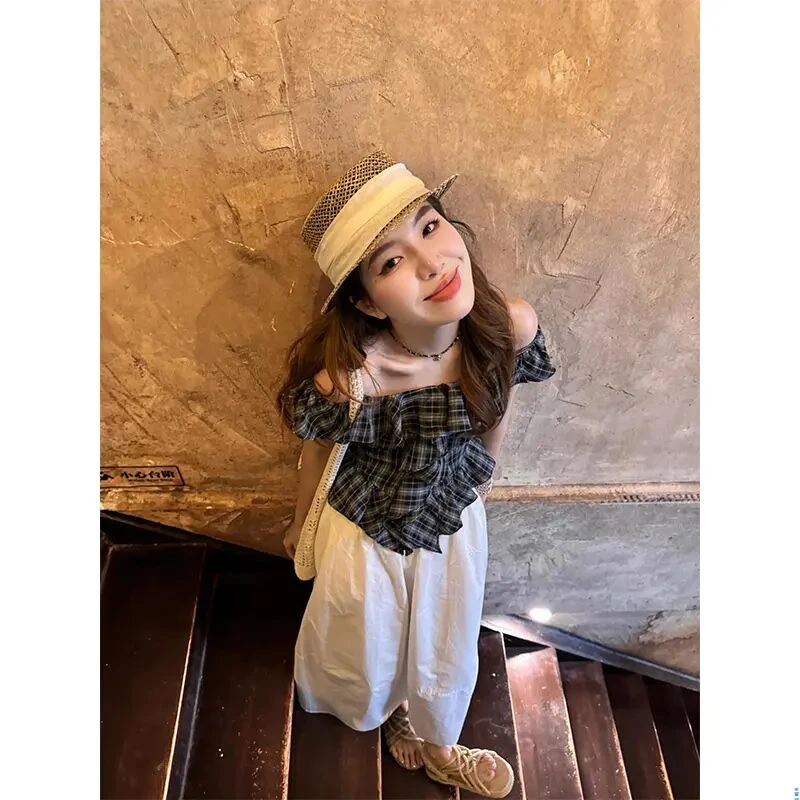 法式上衣高级感减龄格纹荷叶边衬衫休闲简约纯色半身裙女宽松长裙