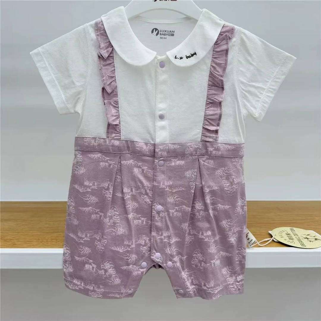 璐璇蝉翼婴幼儿女宝有机纯棉夏款短袖爬服A类假两件时尚闭档