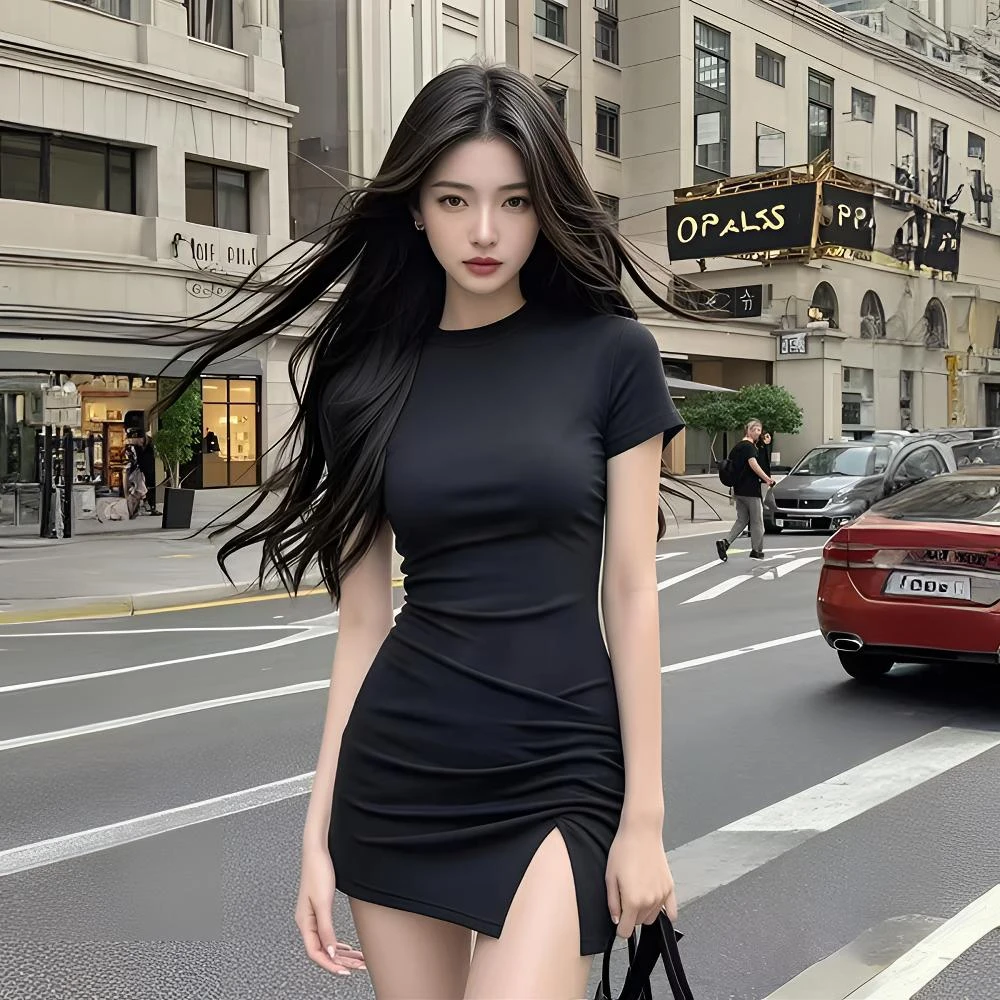 高级感黑色短袖连衣裙女夏季别致性感紧身开叉包臀裙气质辣妹短裙