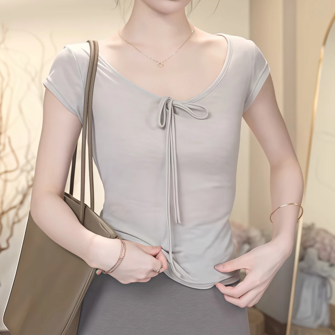 别致上衣温柔风V领系带减龄短袖T恤女修身百搭时尚2025年夏季新款