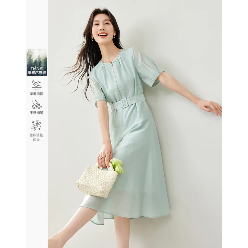 *短袖连衣裙女设计感小众2025夏季收腰显瘦a字中长裙气质M6378