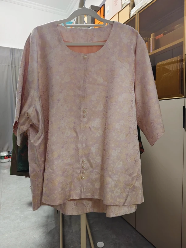 轻中式粉白色宋锦衬衫夏季宽松国风文艺