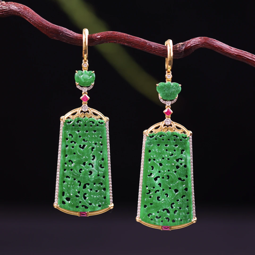 原创国风新中式定制珠宝18k金镶嵌翡翠耳饰