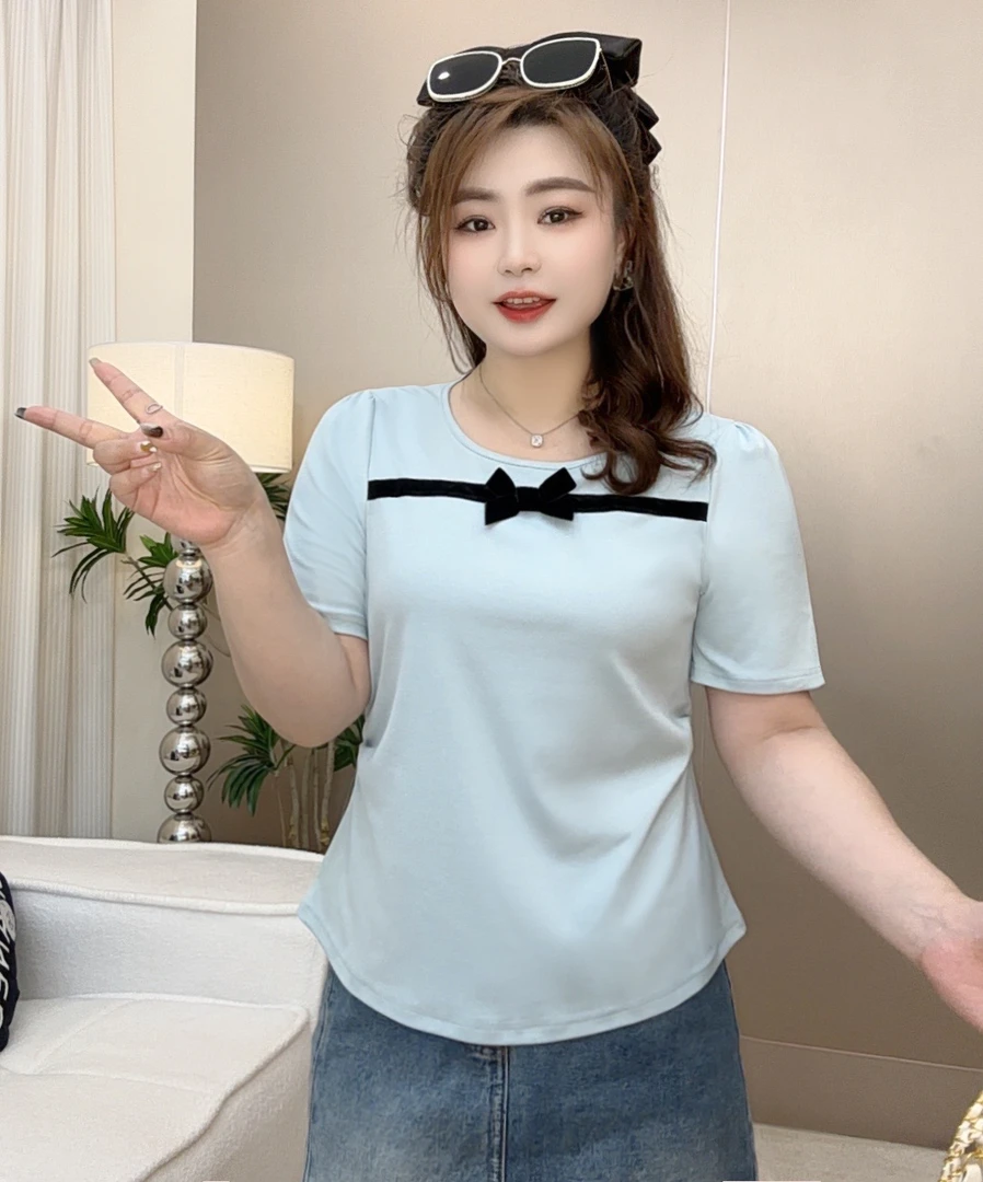胖mm夏季蝴蝶结减龄气质方领大码女装2025新款显瘦拼接短袖T恤女