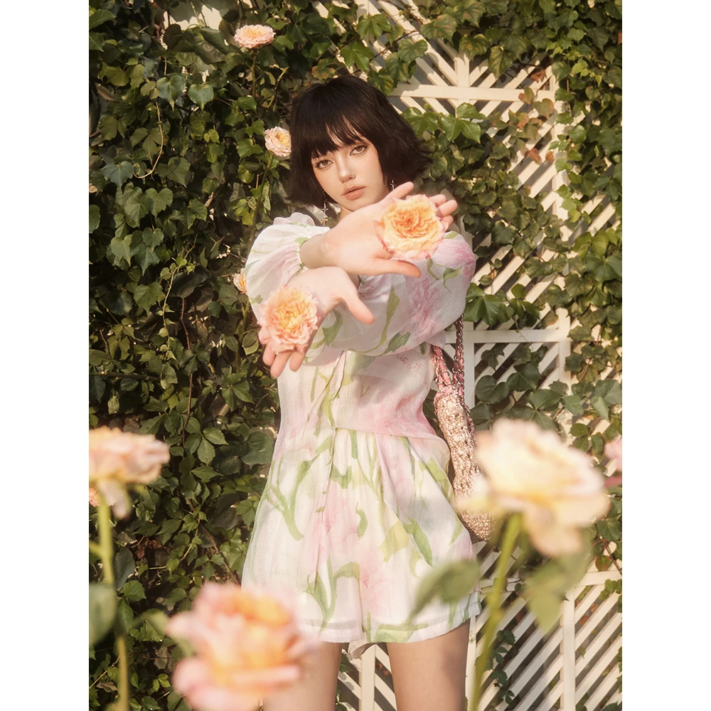 FOREVERCAN布尔索蔷薇茶染印花上衣ST18889+短裤SP18890