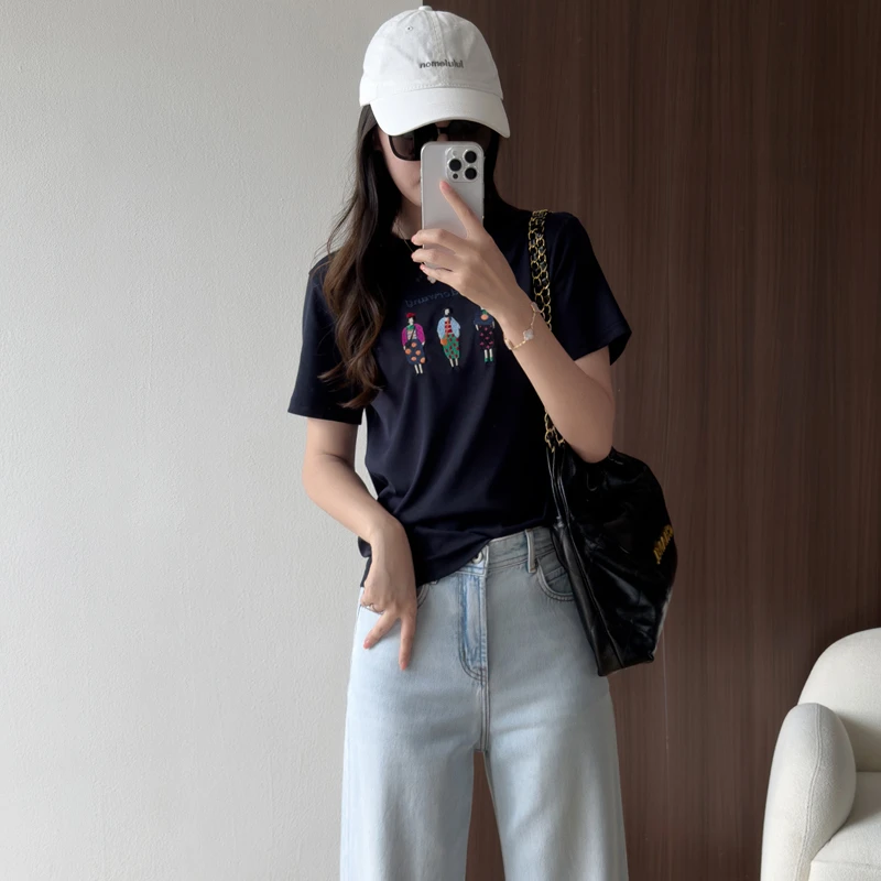 萌趣灵动~卡通女孩精美刺绣短袖T恤女减龄松弛感亲肤休闲打底衫