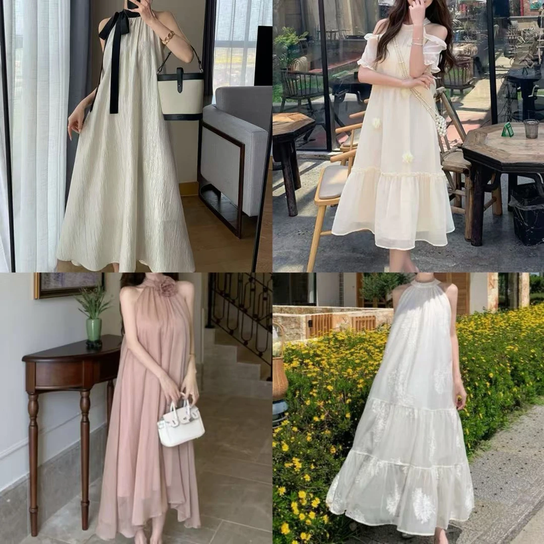 【D161~D330】法式初恋挂脖连衣裙女夏宽松气质绝美温柔初恋长裙耳