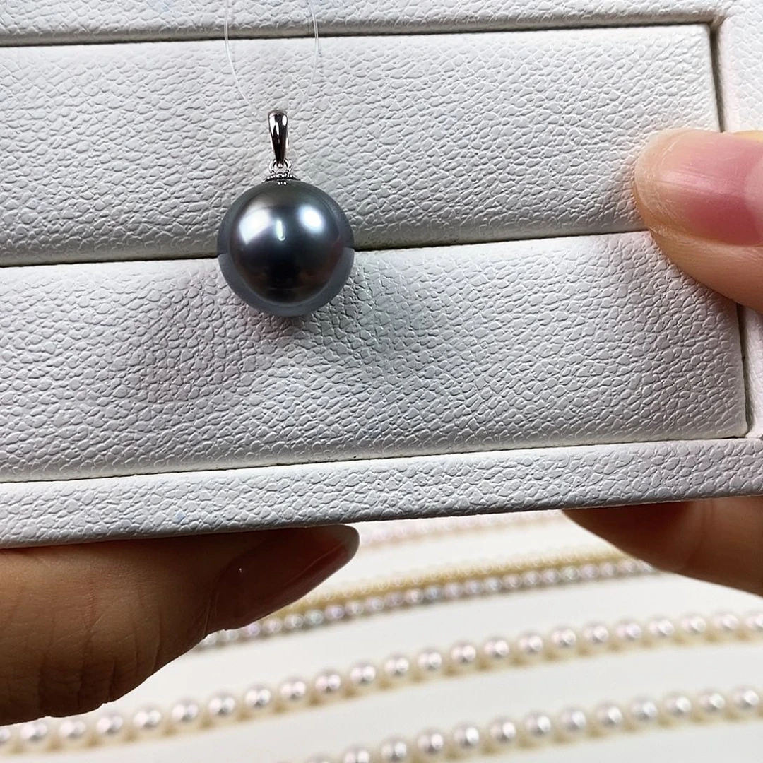 海水珍珠18K金镶嵌吊坠(不含链)12.9mm大溪地黑珍珠吊坠