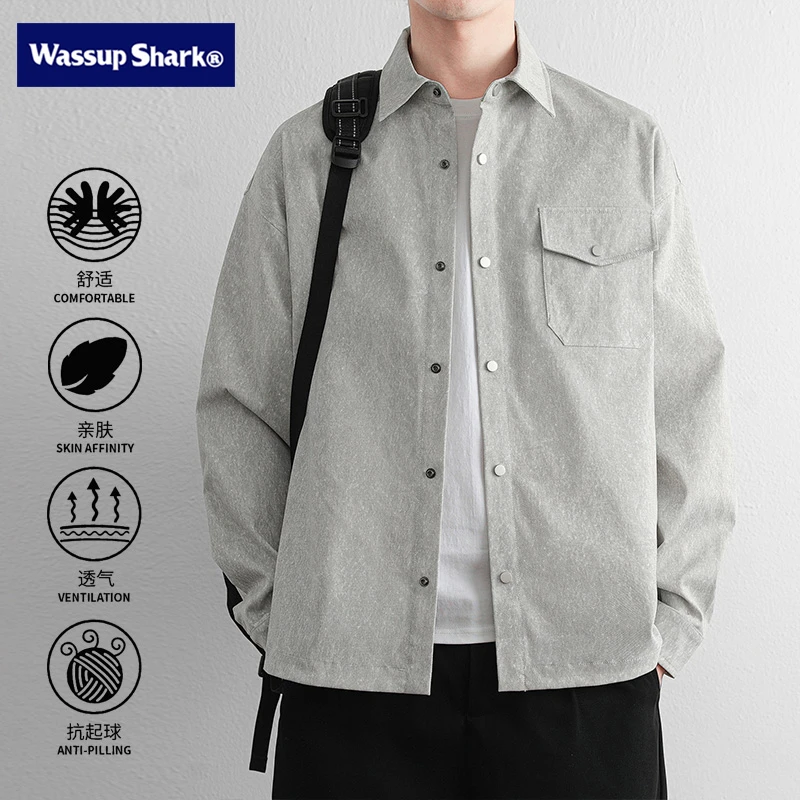WASSUP SHARK复古牛仔衬衫男士ins潮流宽松百搭翻领长袖衬衣外套