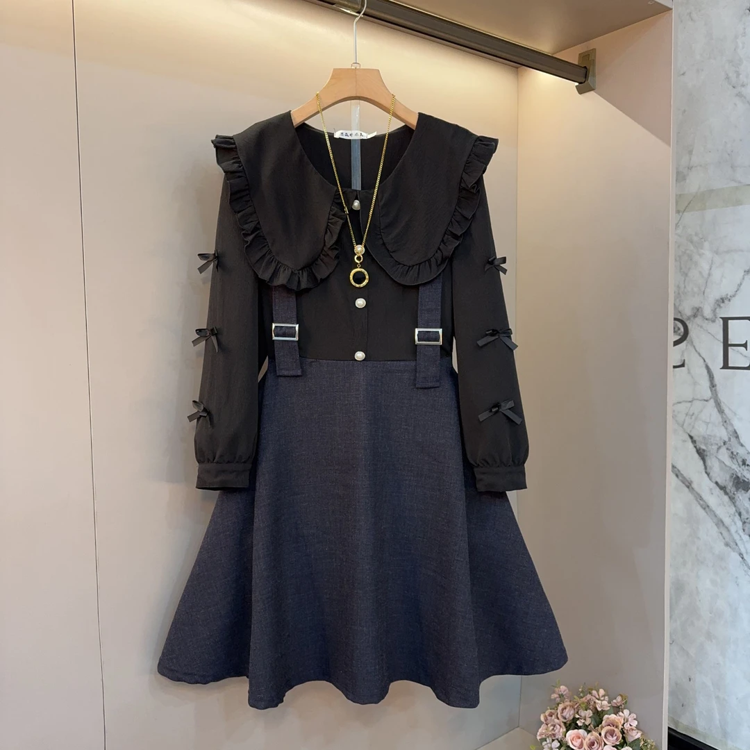 2025蝴蝶结娃娃领大码新款时尚减龄拼接显瘦胖妹妹女装连衣裙