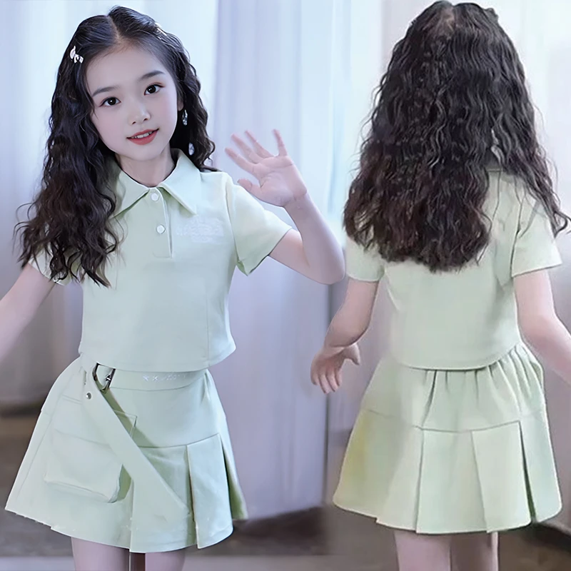女童夏装套装2026新款儿童爆款JK洋气夏季POLO衫学院百褶裙两件套