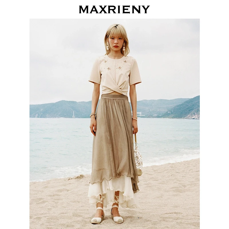 MAXRIENY【静奢度假-商场同款】复古浪漫烫钻伞裙2025夏款半身长裙