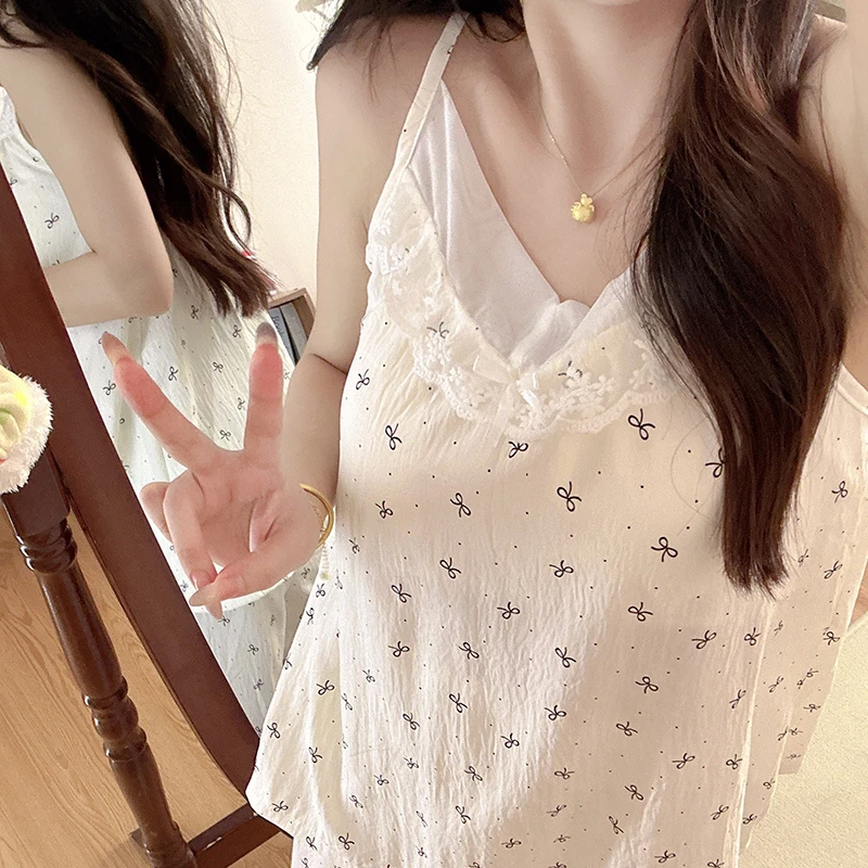 米白蝴蝶结吊带睡衣女夏季短袖长裤少女感甜美小清新两件套家居服