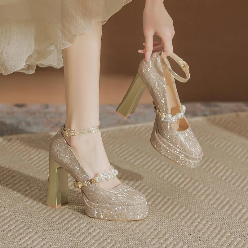 双层防水台水晶鞋婚鞋新娘鞋超高跟一字扣粗跟玛丽珍高跟鞋女12cm