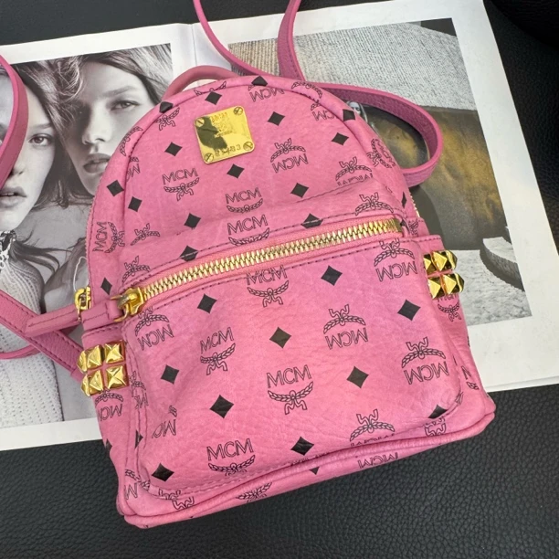 99新 MCM 大麦中古/mcm粉色超迷你双肩包/