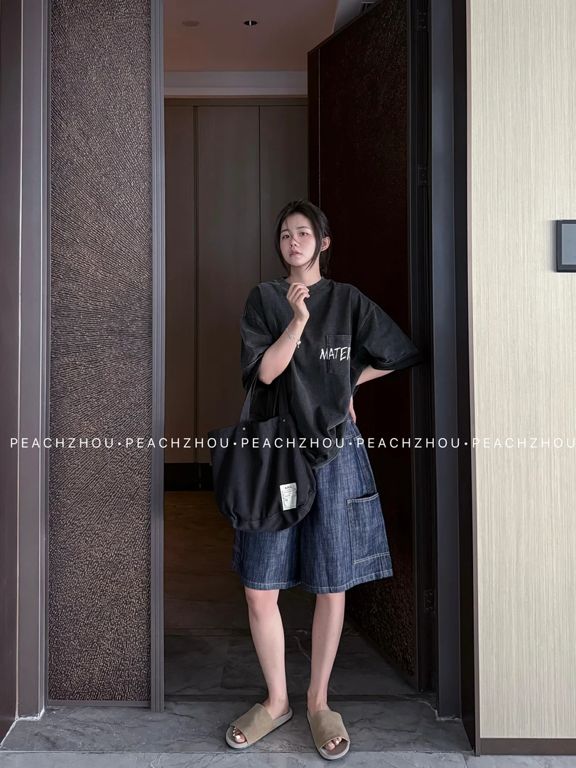 『PEACHZHOU』水洗做旧磨破贴袋字母印花宽松圆领短袖休闲中性T恤