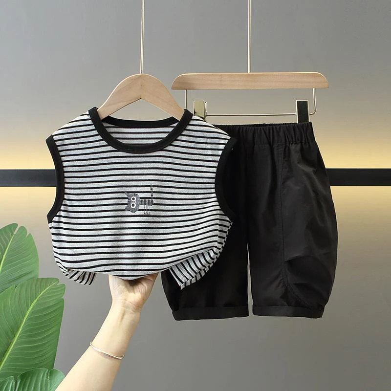 新品巴拉巴拉男童短袖套装条纹无袖背心夏季2025新款酷帅宝宝儿童