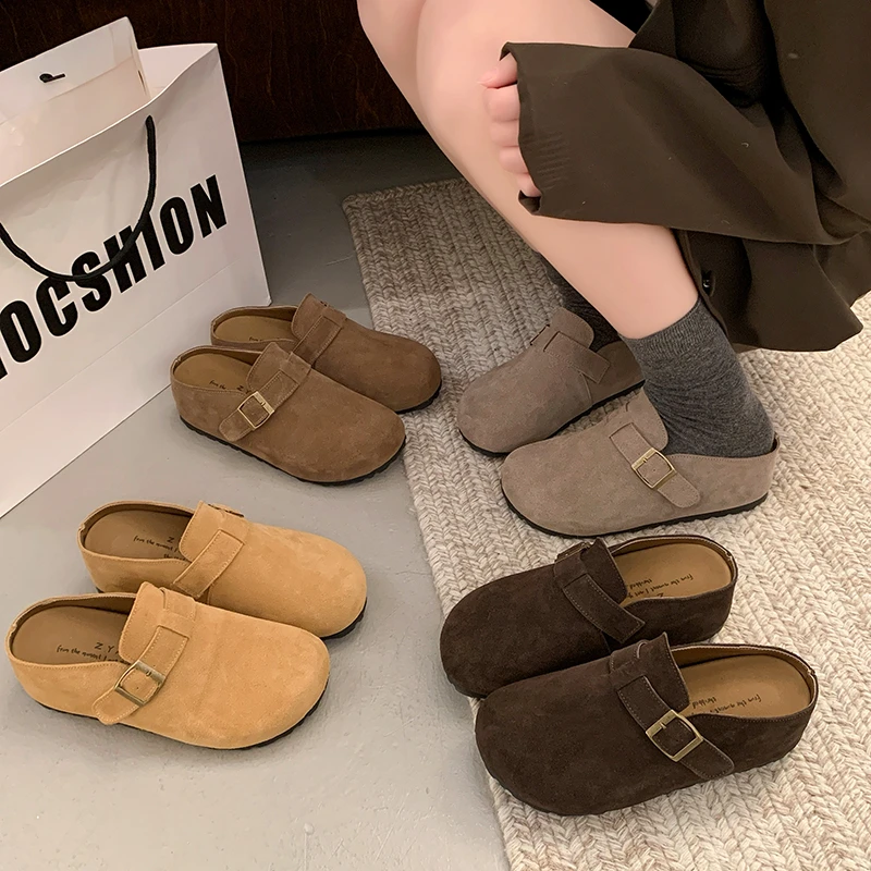 【牛皮】2025新款内增高一脚蹬包头厚底勃肯鞋子软底半拖百搭拖鞋女