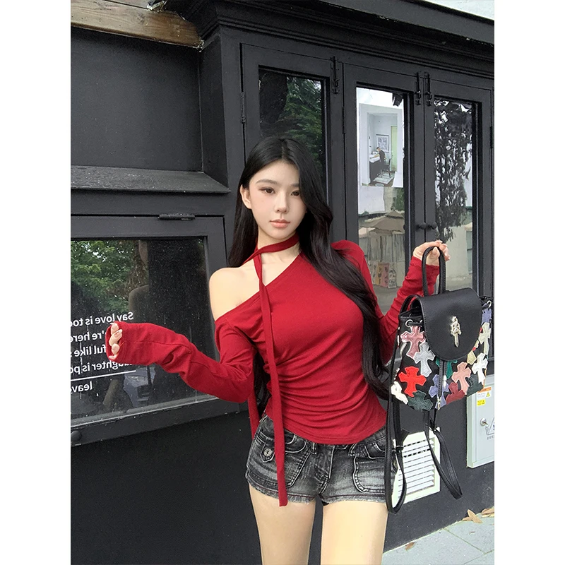 现货花灰色斜肩飘带长袖T恤女修身辣妹气质上衣夏季百搭时尚显瘦