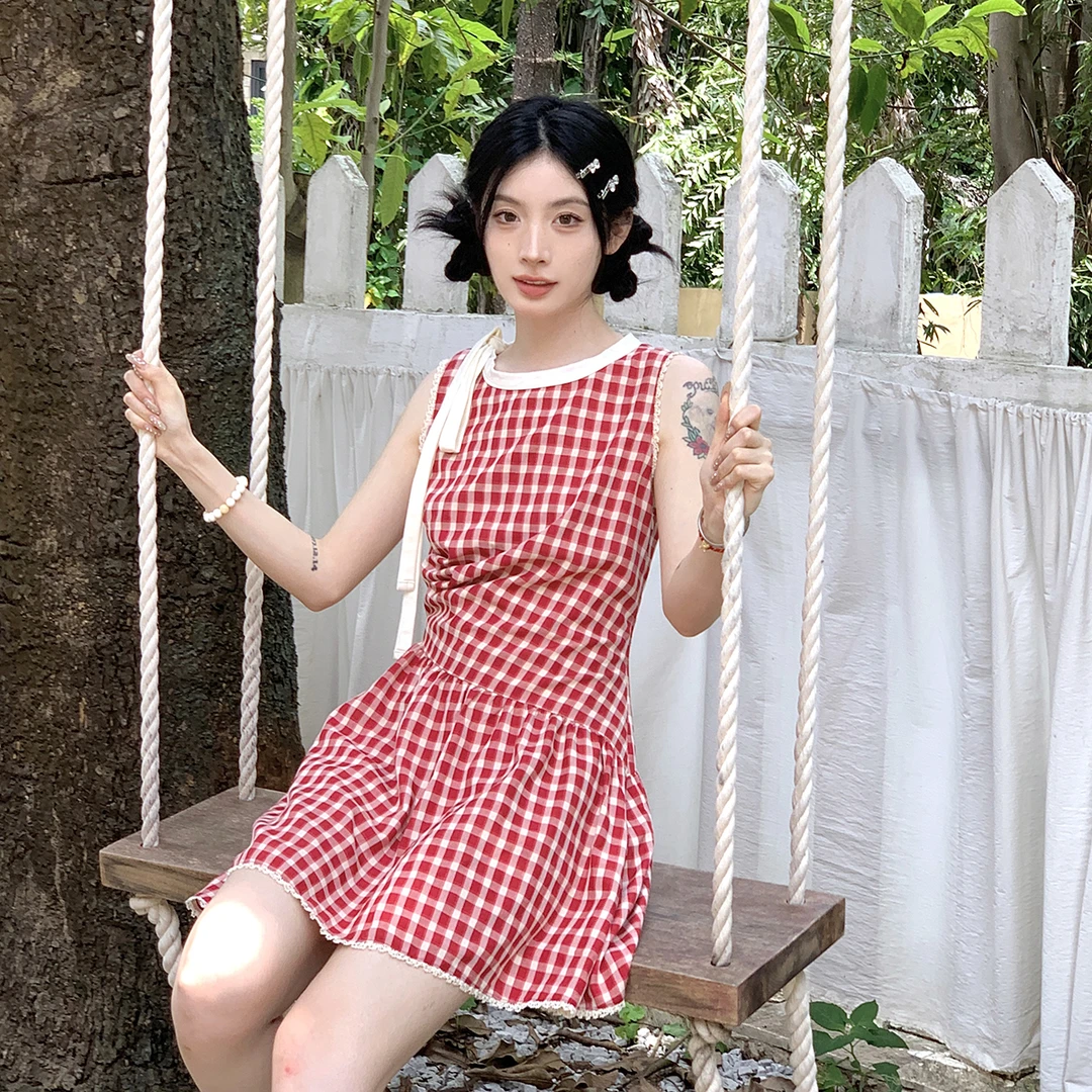 吵吵家连衣裙格纹绑带设计感小众41310