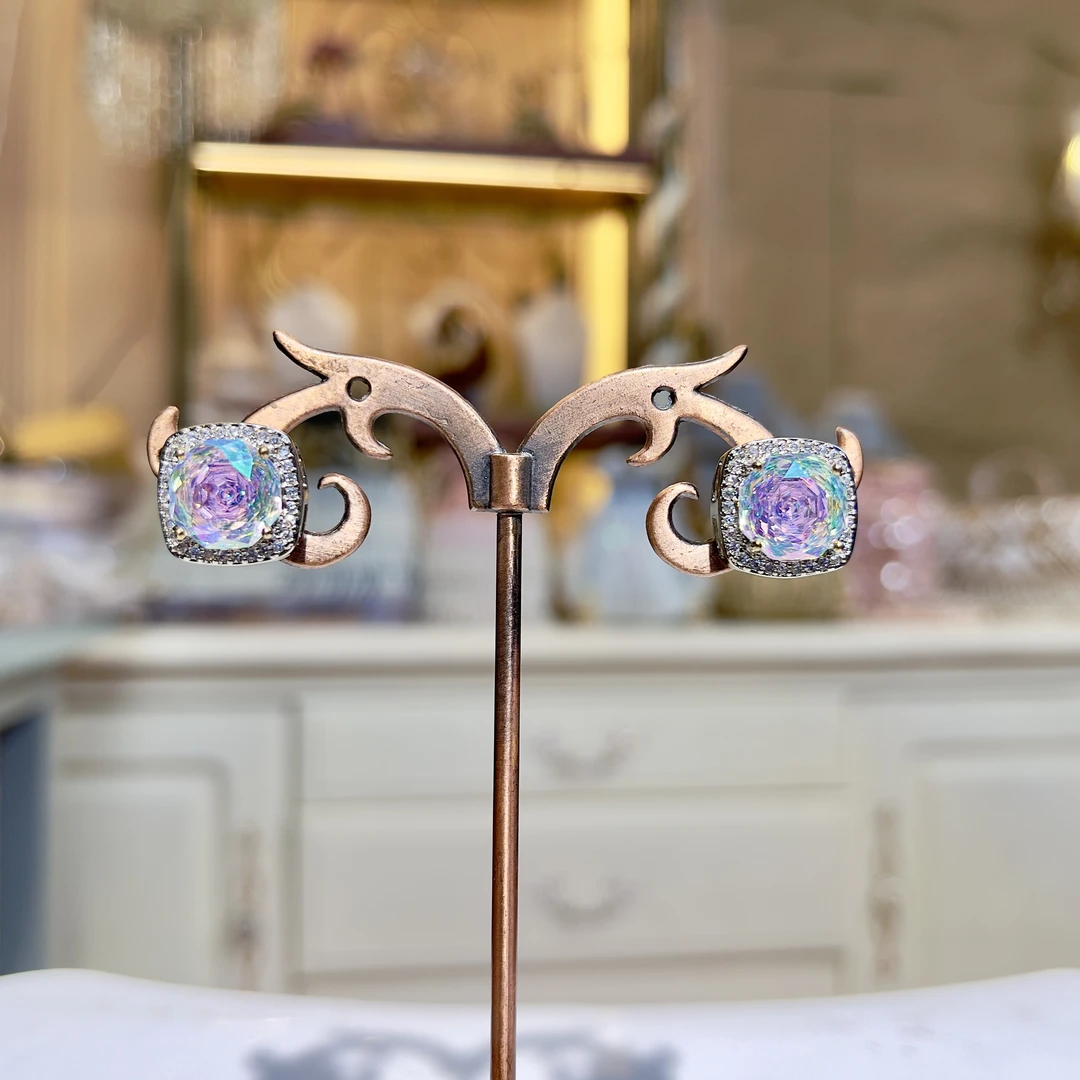 铜合金玻璃耳饰 【24010】瑾瑟时尚耳钉气质轻奢百搭彩色镶嵌