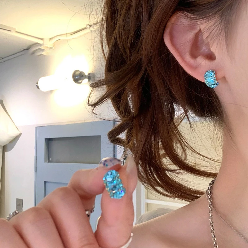 合金耳饰 超闪冰萃蓝水晶耳钉2025耳环轻奢高级感