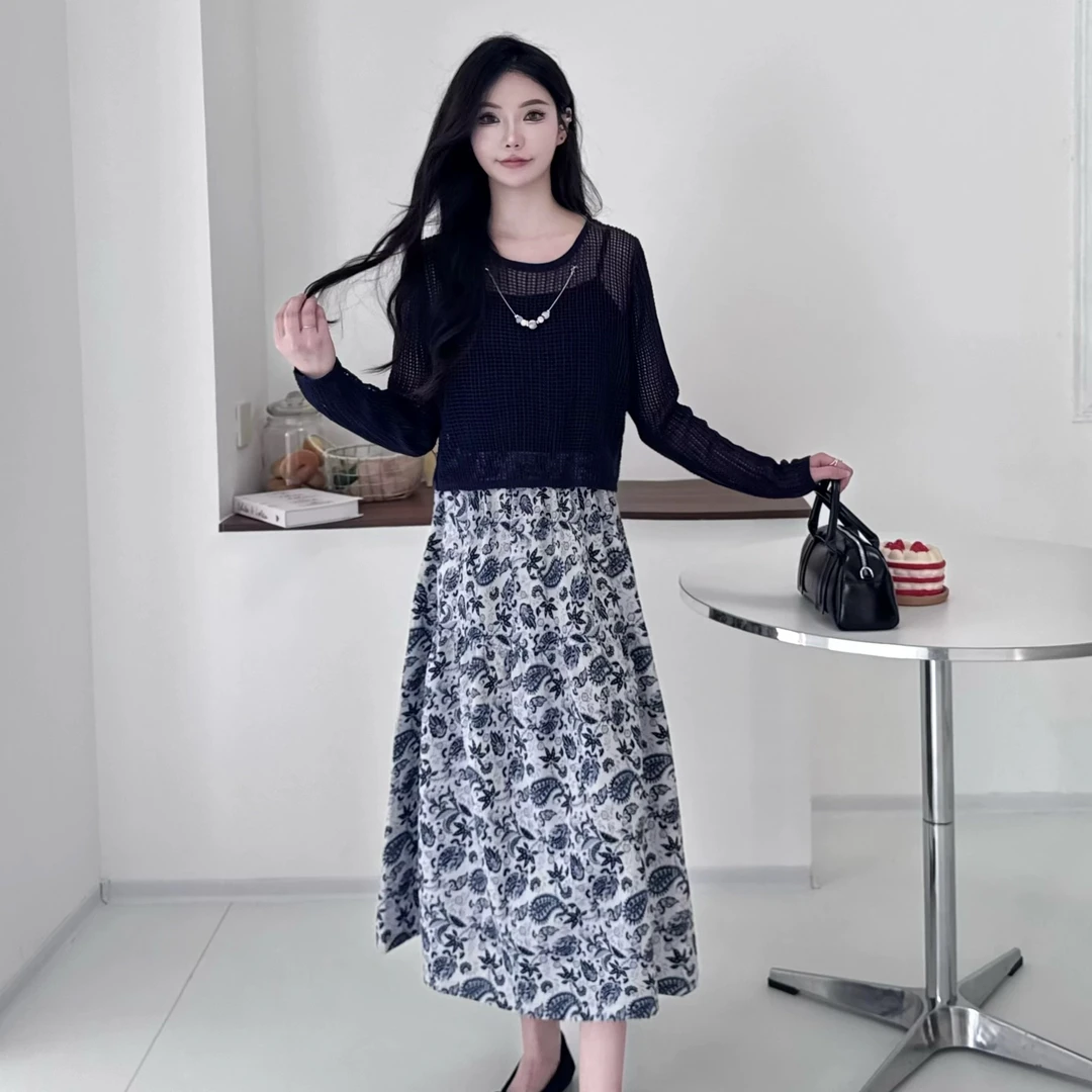 [ W i F i ]W2007百搭针织镂空罩衫+印花吊带连衣裙两件套（长8