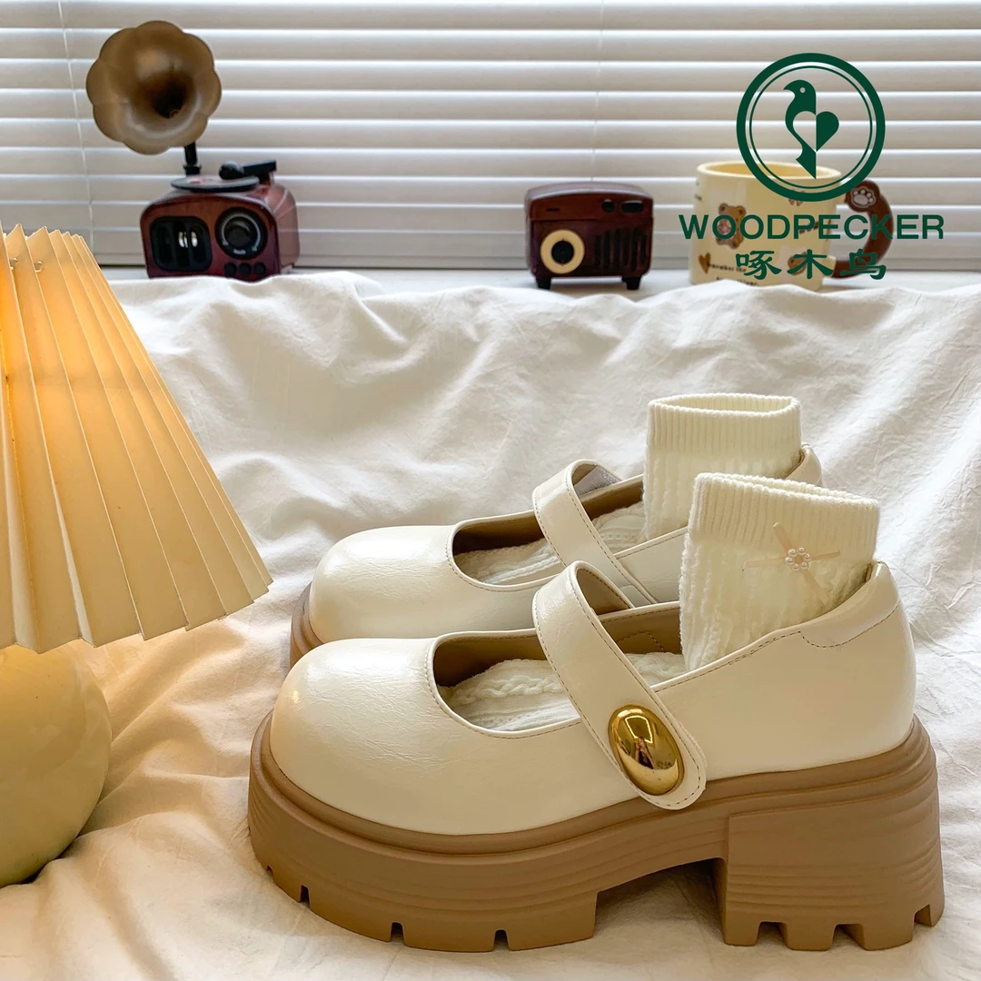 啄木鸟白色厚底小皮鞋女配裙子2025夏季新款浅口单鞋粗跟玛丽珍鞋