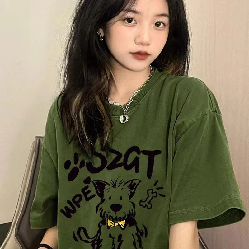 【帝韵】新款美式复古绿色卡通小狗印花短袖T恤女夏季国潮纯棉上衣