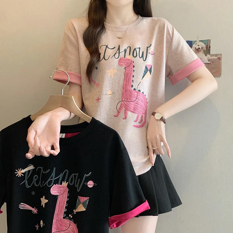 Q2025夏装新款胖mm大码女时尚撞色减龄卡通印花圆领短袖T恤 A1369