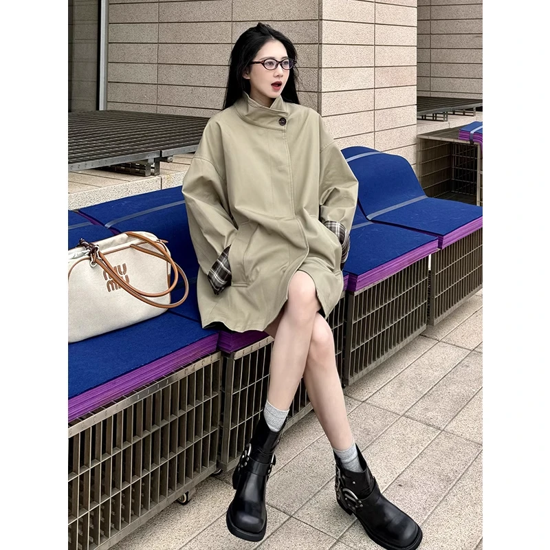 风衣外套女短款2025春季新款高级感休闲宽松英伦风卡其色廓形大衣