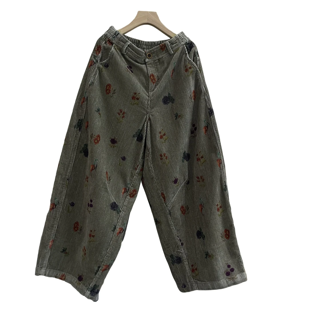 女款秋季时尚印花休闲灯芯绒哈伦阔腿弯刀奶奶裤