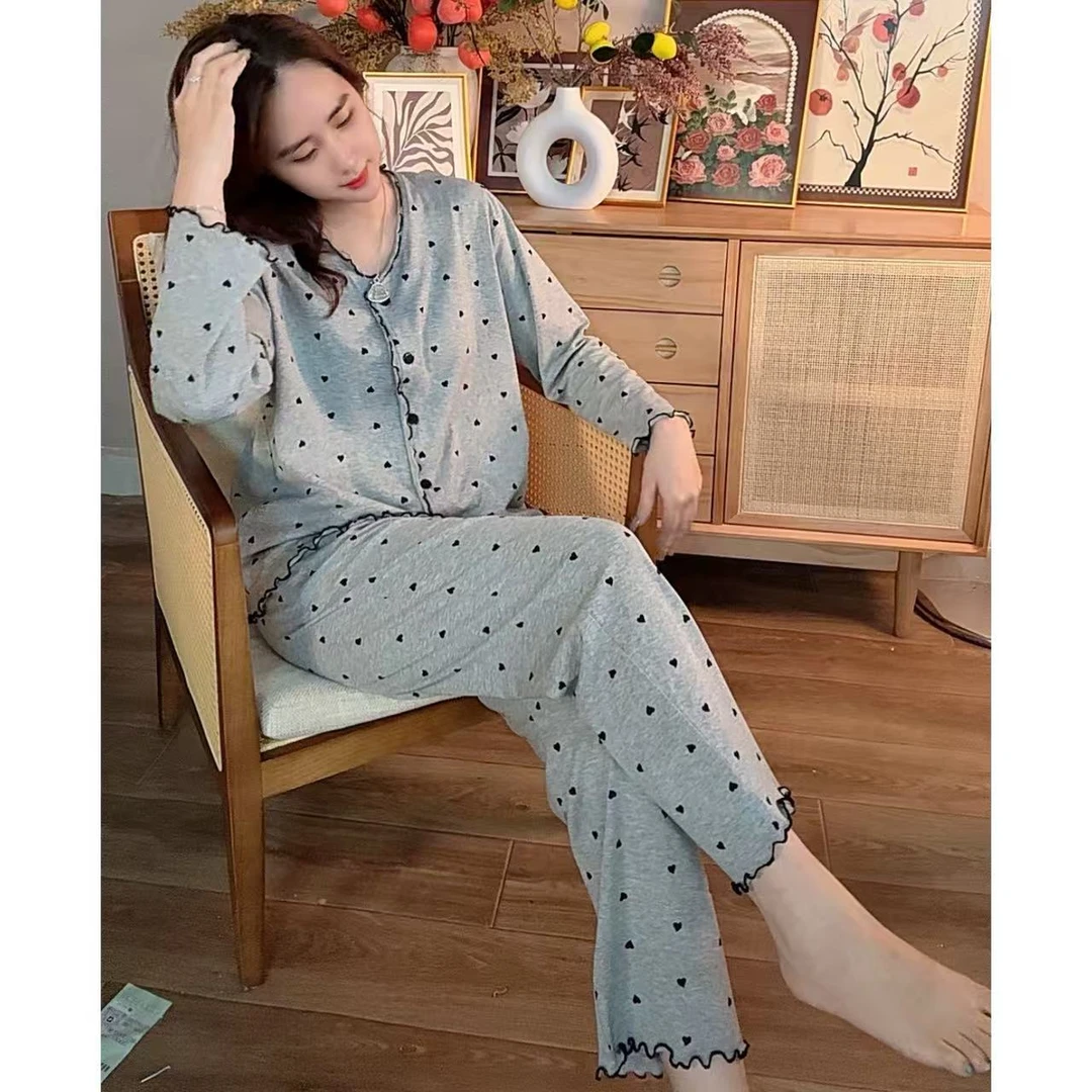 睡衣女秋冬新款纯棉长袖长裤韩版可外穿家居服套装（灰色爱心）