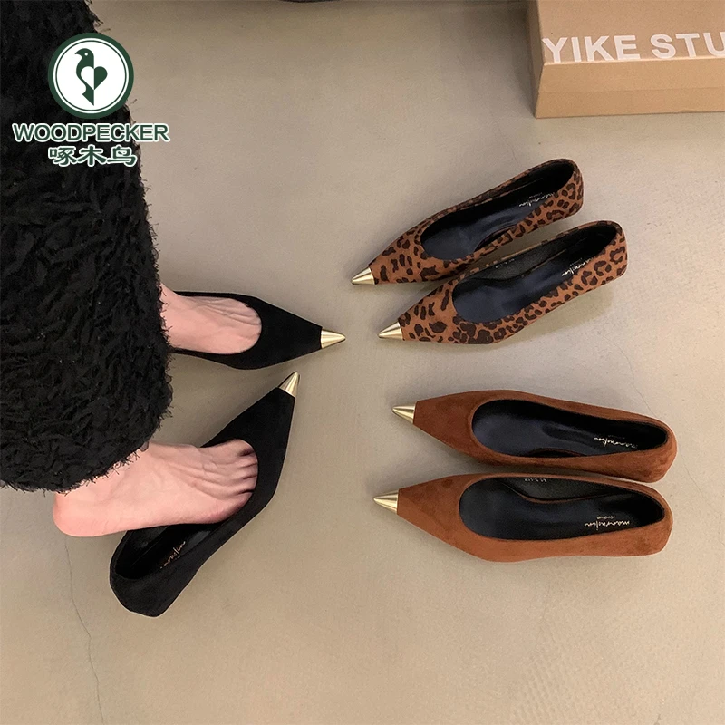 啄木鸟法式小猫跟尖头豹纹高跟鞋女2025新款春季小香风配裙子单鞋