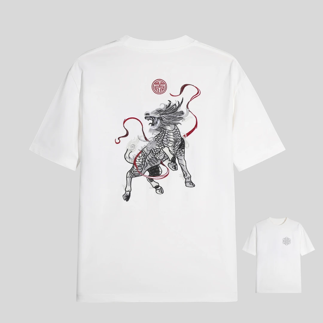 【花1】蛇年经典百搭短袖国风麒麟刺绣T恤 y204#