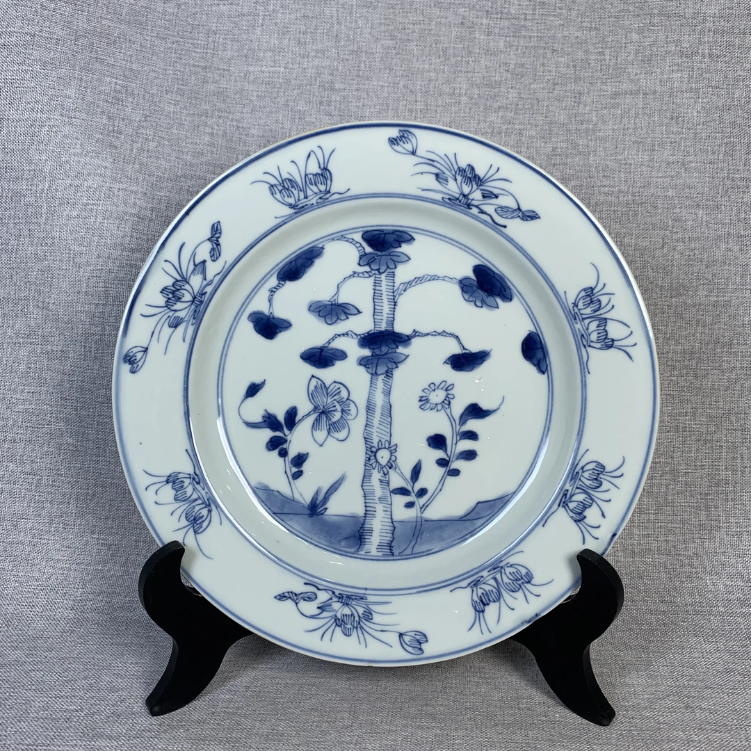 清代青花花卉盘古瓷器真品国营镇江市文物商店库出5239313