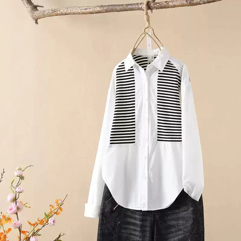 春季新款韩版气质条纹针织拼接衬衫女宽松显瘦长袖百搭休闲外套女