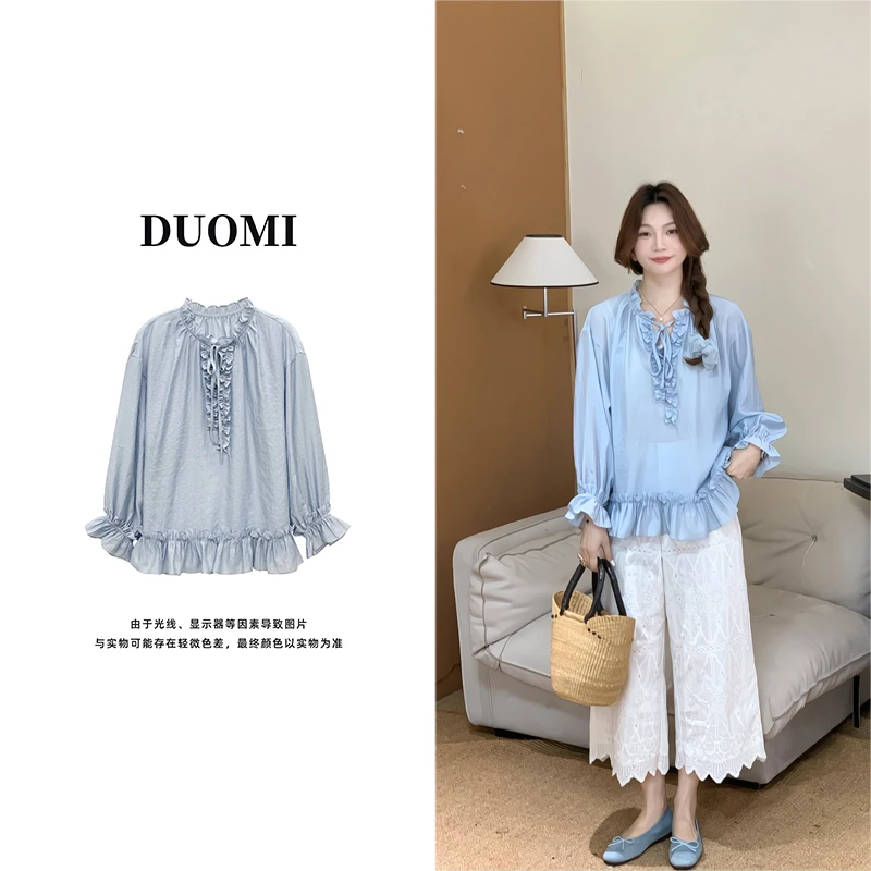 【DUOMI】夏季新款百搭时尚韩版设计感拼花边系带上衣小衫女D6973