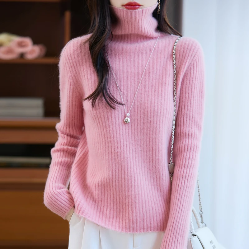 2025新款高领无缝100%纯羊毛针织衫女宽松显瘦堆堆领秋冬打底毛衣
