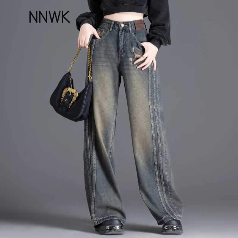 美式复古高腰牛仔裤女2025新款秋冬季窄版直筒加绒阔腿裤爆款裤子