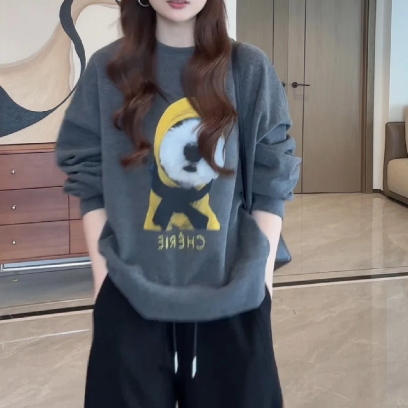 美式复古休闲减龄宽松慵懒圆领卡通小狗字母卫衣LK2506352