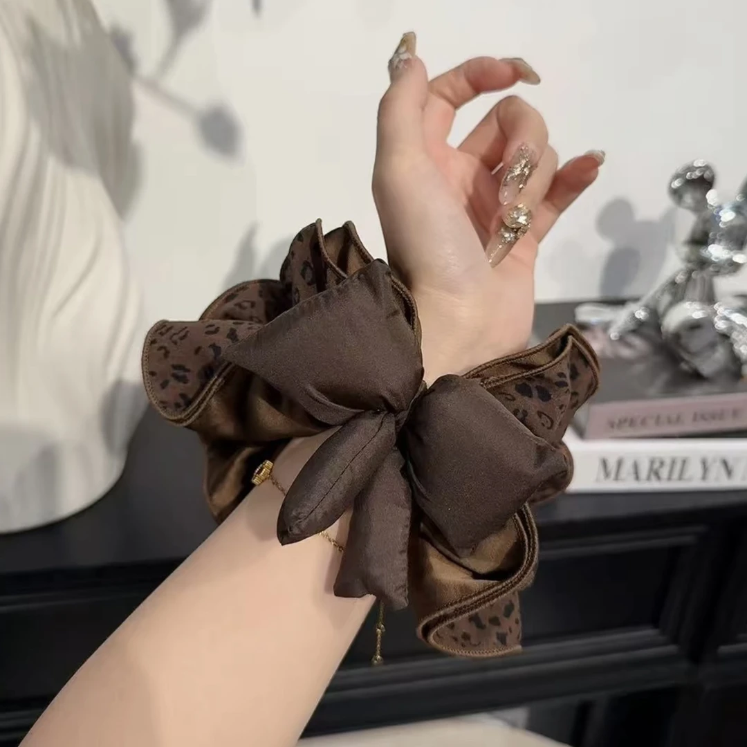 美拉德系咖色豹纹蕾丝拼接大肠发圈女慵懒气质扎丸子头发绳头饰