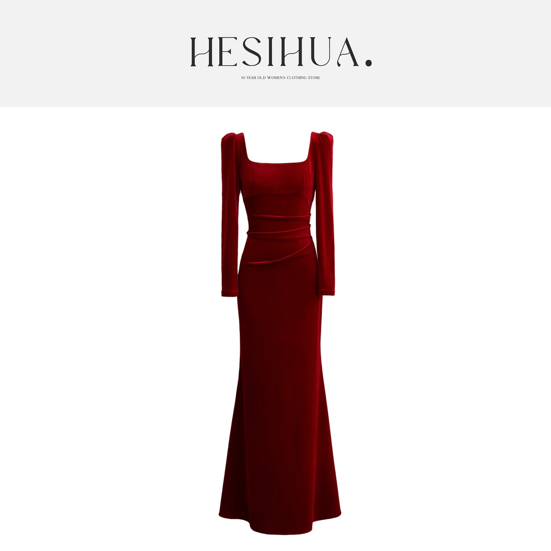 HESIHUA何思华 秋冬法式新款方领丝绒连衣裙 敬酒服