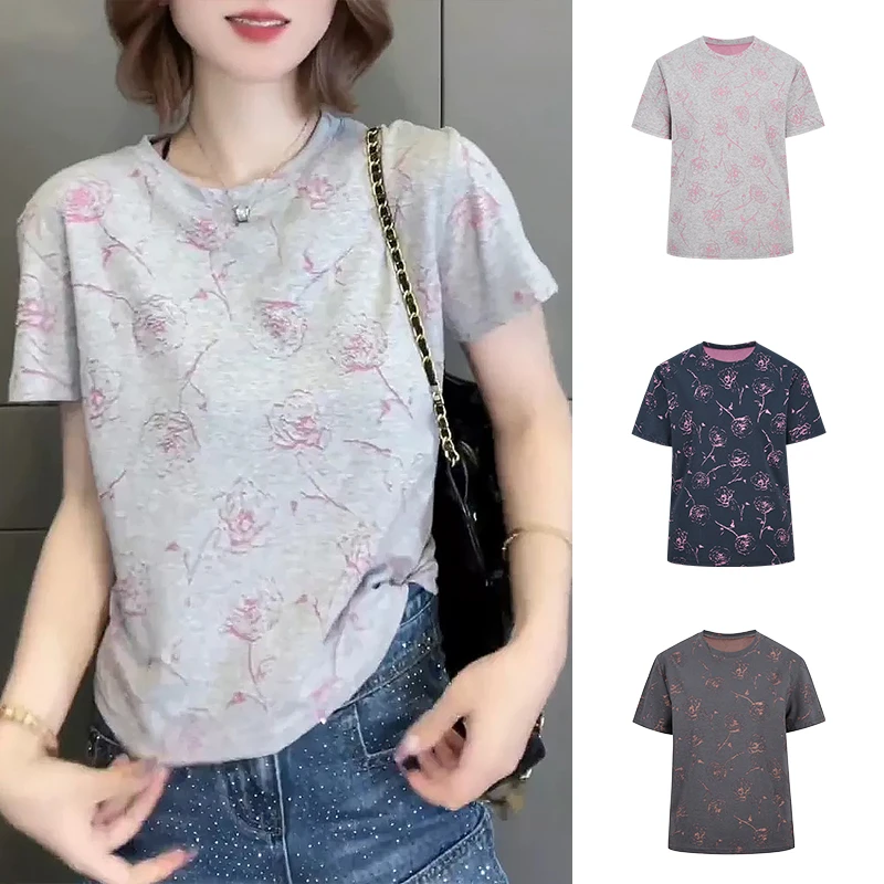 Moses Queen/魔西女王正肩灰色别致小众玫瑰上衣宽松显瘦短袖T恤