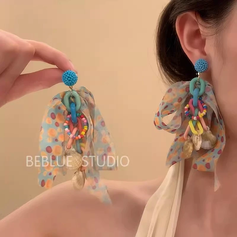 铜合金耳饰  彩色多巴胺布艺串珠耳环女个性夸张海边度假风耳饰品